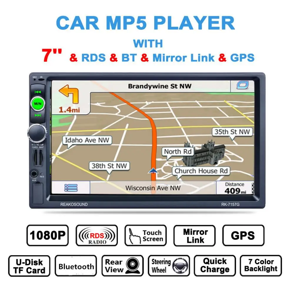 

7 Inch 2 Din Bluetooth Auto Multimedia Car Stereo MP5 Player GPS Navigation AM / FM / RDS Radio Support Mirror Link / Aux In