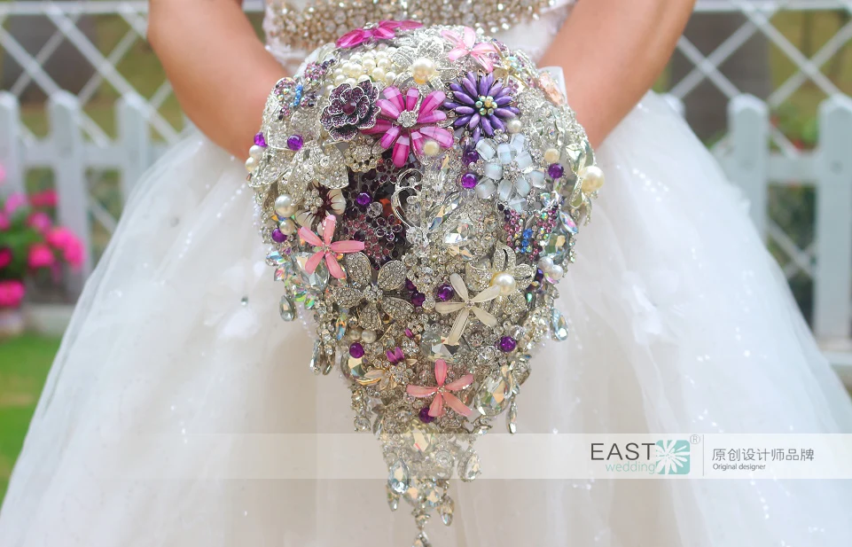 Серебряная и фиолетовая брошь букет высокого класса на заказ свадебные букеты хрустальные бриллиантовые каплевидные стиль украшение для букета невесты