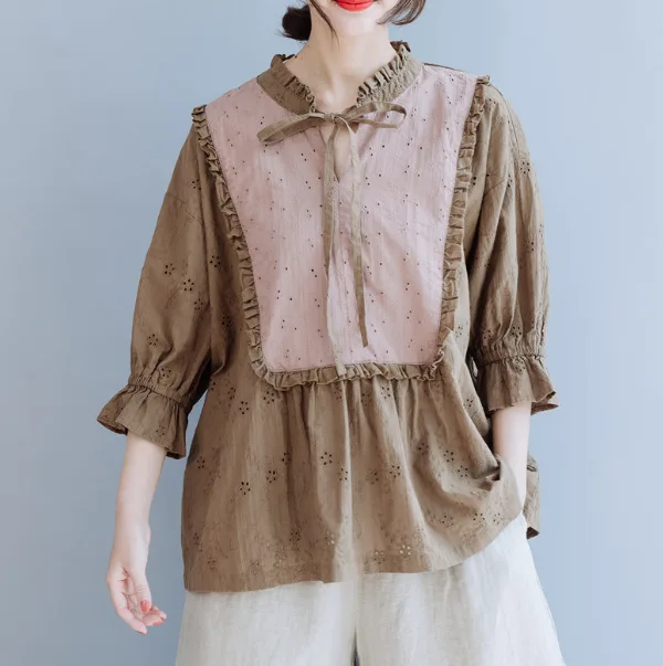 

2019 autumn new coffee hollow flower cotton and linen casual shirt top 2690