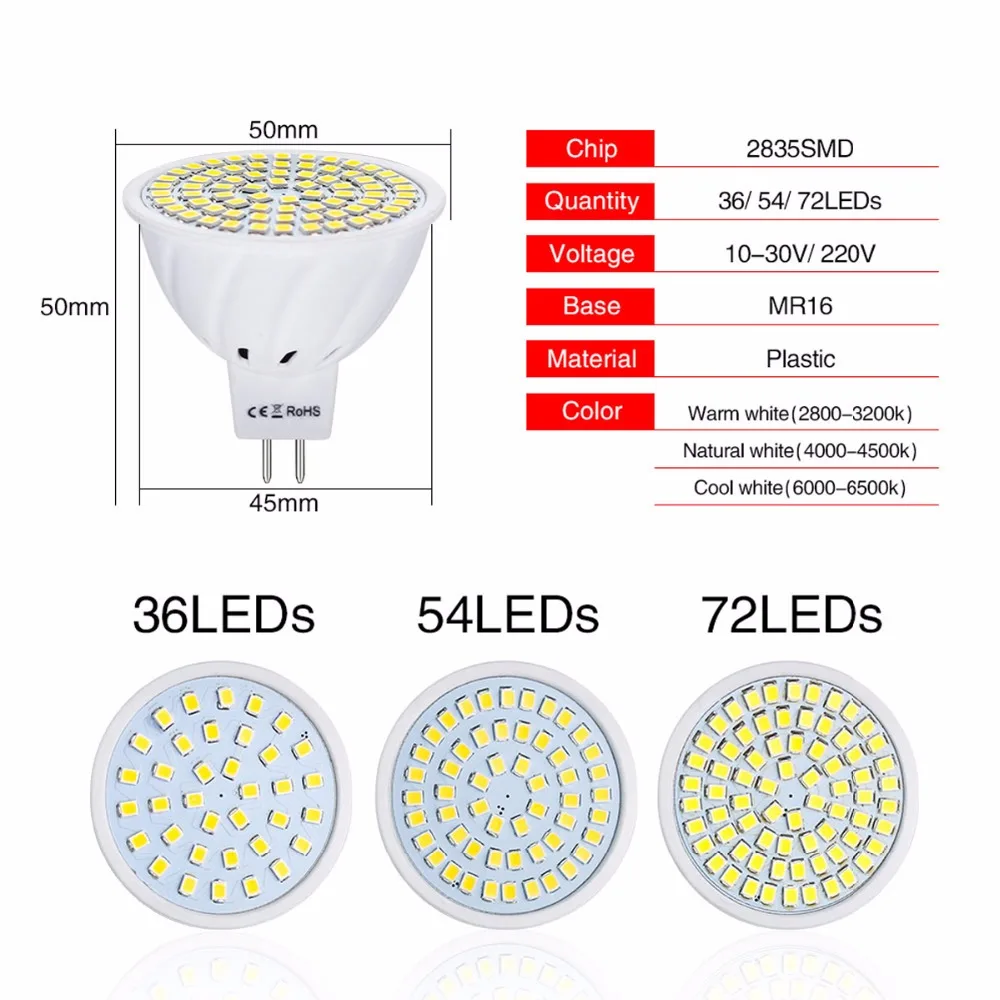 MR16 ампулы светодиодный светильник 12V Высокая Яркость GU5.3 SMD 2835 36 54 72 светодиодный s диод Светильник лампы Lampara 110V 220V 10 шт./лот