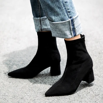 

3 Color Plus Size 33-43 Women's Thick High Heel Autumn Ankle Boots Brand Designer Poitned toe Comfortable Short Booties Shoes
