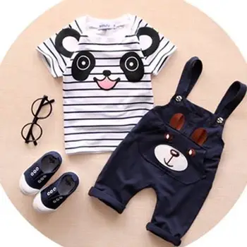 

Toddler Kids Baby Boy Cartoon Panda Cotton T-shirt Striped Top+Bear Pants Trousers 2pcs Clothes Sets Children Outfits