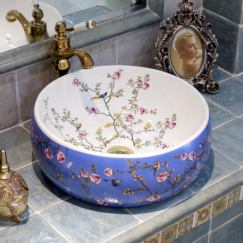 Europe style chinese Jingdezhen Art Counter Top ceramic bathroom sink painted porcelain sink with countertop  (5)