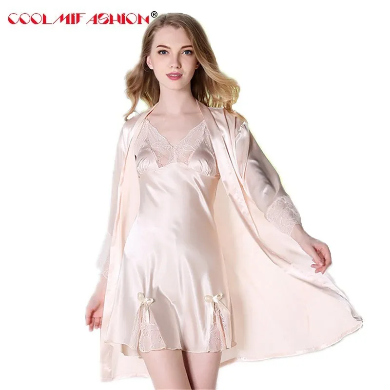 

Women Satin Silk-like Robe Sets Deep V-neck Lace Patchwork bath robe femme Spring Summer Nightgown adjustable straps nightdress