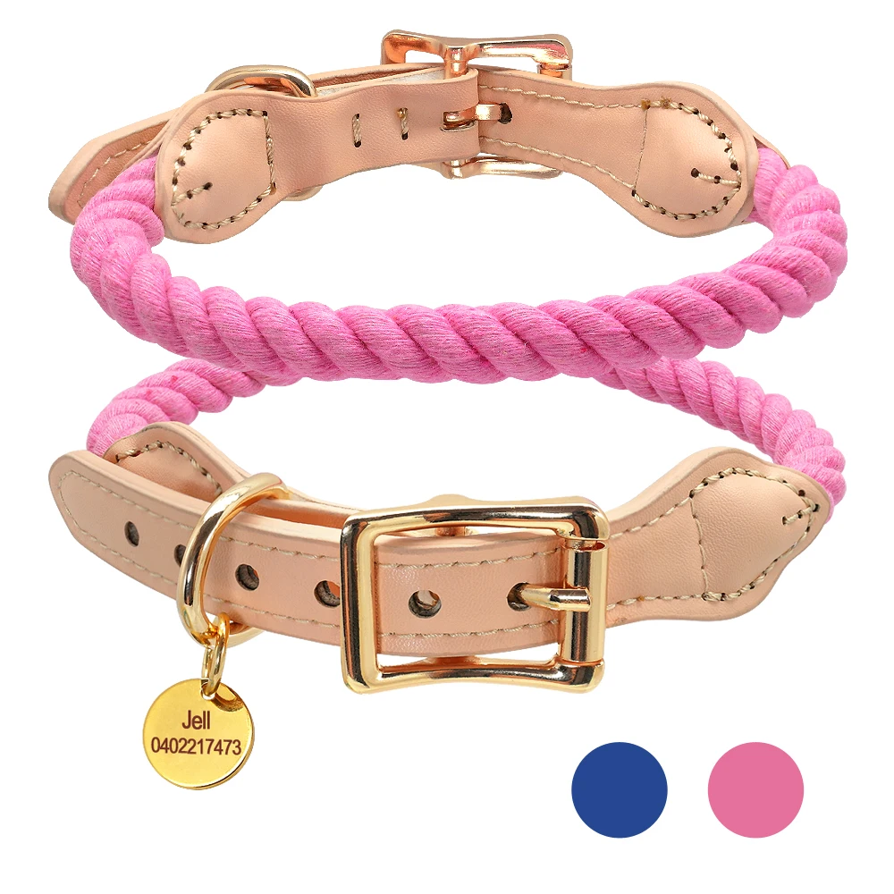 

Personalized Dog Collar PU Leather Collars with Nylon Braided Rope Round ID Tag Collars Durable for Small Medium Dogs Pink Blue