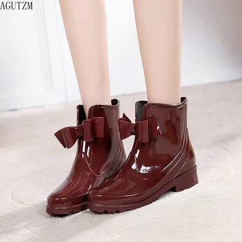 

AGUTZM Bowtie Ankle Rain Boots Women Flat Heels Non-slip Glossy Rainboots Waterproof PVC Woman Water Shoes Wellies v520