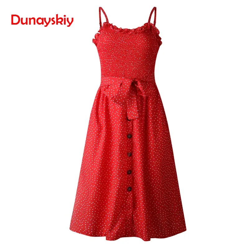 

Women Strapless Dress A-Line Dress Polka Dot Print Sundress 2019 Ruffle Sashes Tied Bow Button Backless Summer Beach Dresses