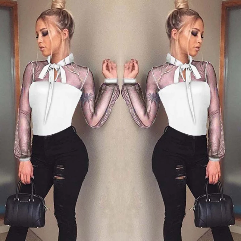 New 2019 Summer Bodysuit Women Sexy Bow Black Lace Patchwork Long Sleeve Back Ladies Lace Mesh Bodysuit Transparent Tops New 2019 Summer Bodysuit Women Sexy Bow Black Lace Patchwork Long Sleeve Back Ladies Lace Mesh Bodysuit Transparent Tops