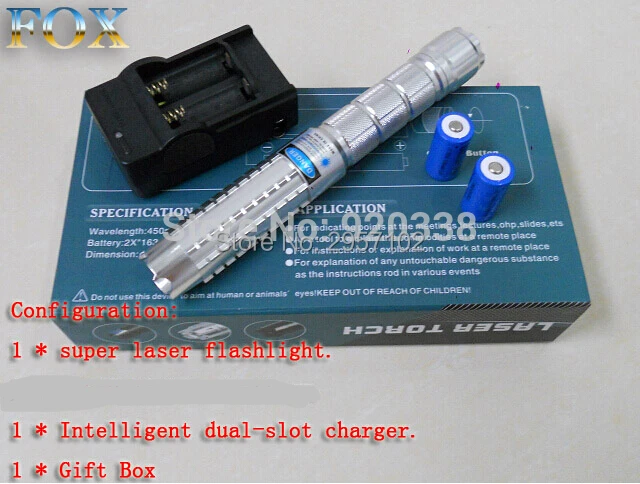 

High Power Military Blue Laser Pointer 500000m 500w 450nm Flashlight Burning Match/Candle/Black/Burn Cigarettes+5 Caps+Box