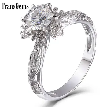 

TransGems Solid 14K White Gold Center 1ct 6.5mm FG Color Lab Grown Moissanite Engagement Ring with Accent for Women Wedding Gift