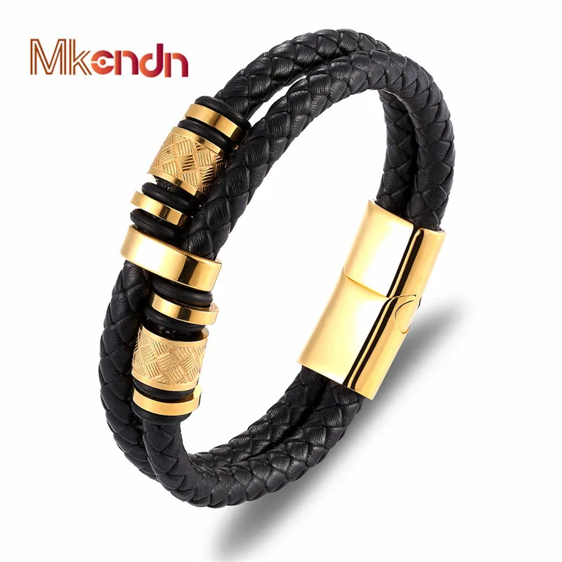 

MKENDN Punk Genuine Leather Bracelet Double Layer Black Gold Stainless Steel Magnetic Button For Men Unisex Accessories Jewelry