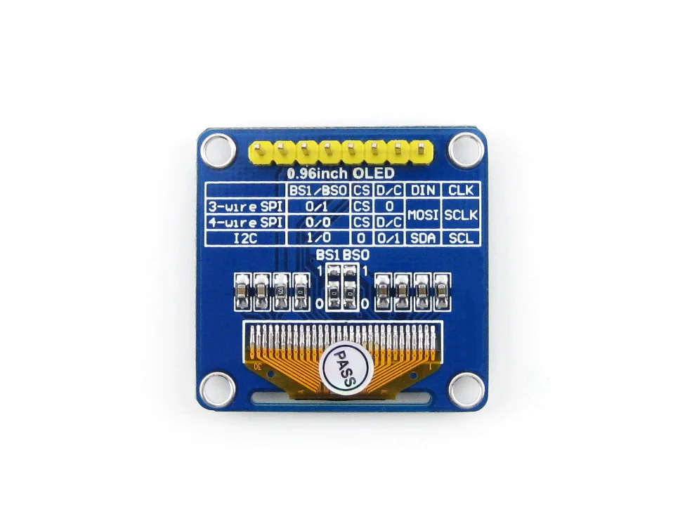 0,96 дюймов OLED (B) дисплейный модуль, SPI/I2C интерфейсов, вертикальный выносной, SSD1306 чип, желтый, синий цвет, широкий угол