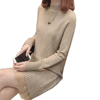 

Women Winter Cashmere Lace Knit Sweater Female Slim Warm Thick Half Turtleneck Long Pullover Knitwear LJ0612