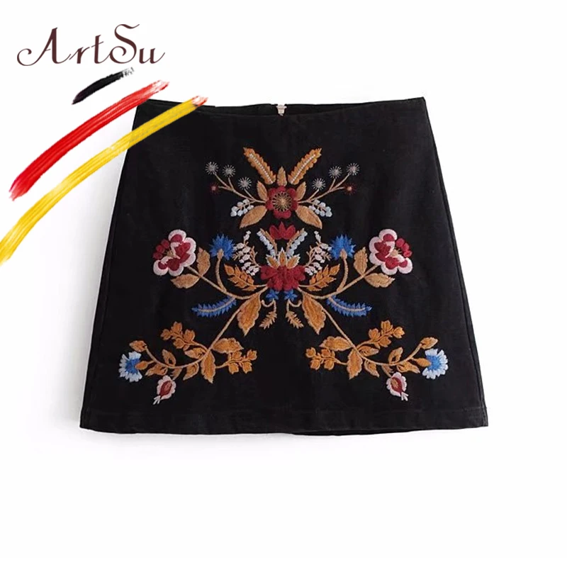 ArtSu 2018 Spring Women Mini Skirts Retro Ethnic Floral Embroidery