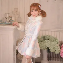 KEQI конфеты дождь принцесса милое пальто в стиле Лолита зима falbala вишневый цвет шерстяное пальто съемный шарф воротник C16CD5006