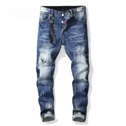 Обтягивающие мужские джинсы Роскошные качественные мужские тонкие джинсы мужские узкие брюки прямые Синие рваные джинсы для мужчин 2019