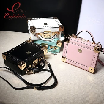 

Good quality fashion style box shape Genuine Leather rivet ladies handbag shoulder bag totes women's crossbody messenger bag