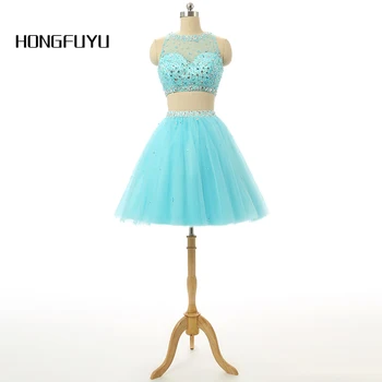 

Fashion Tulle Beading Two Pieces Cocktail Dress Sexy Sleeveless A Line Mini Vestidos 2020 Scoop Neck Open Back Cocktail Dresses