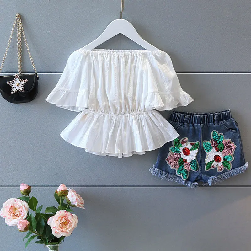 

2017 New Children Girl Fashion Flower Suit Summer Clothing Set T-shirt + Jeans Shorts, Children's Clothing Sets