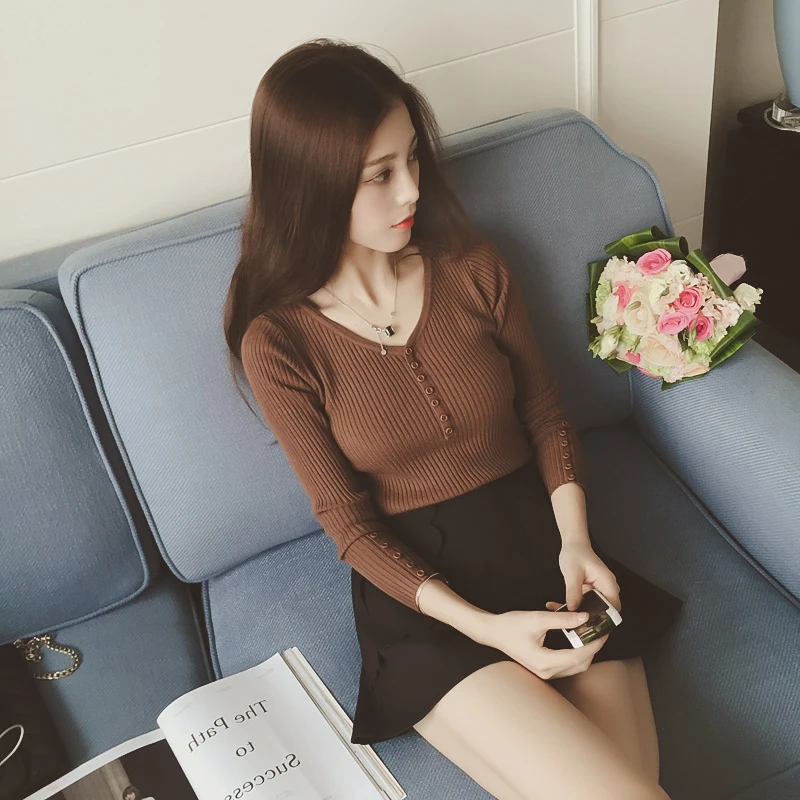 Knitted Sweater Sexy Deep V Neck Cashmere Sweater Female Women Sweaters And Pullovers Autumn Long Sleeve Button Tops 2018