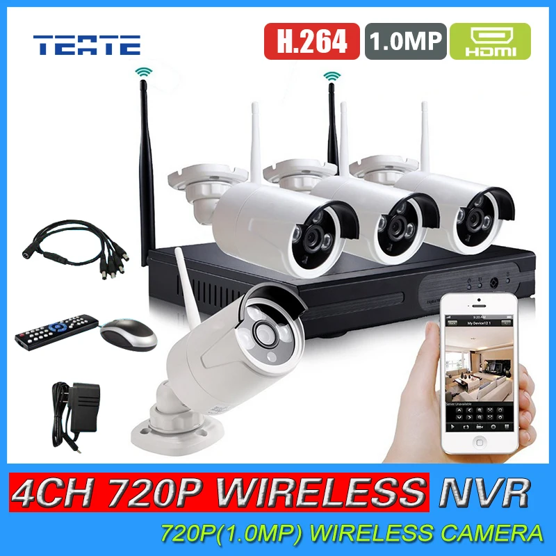 TEATE HD 4CH CCTV System Wireless NVR 4pcs 720P Waterproof IP WIFI Camera Home Security Safety System Kit 4channel