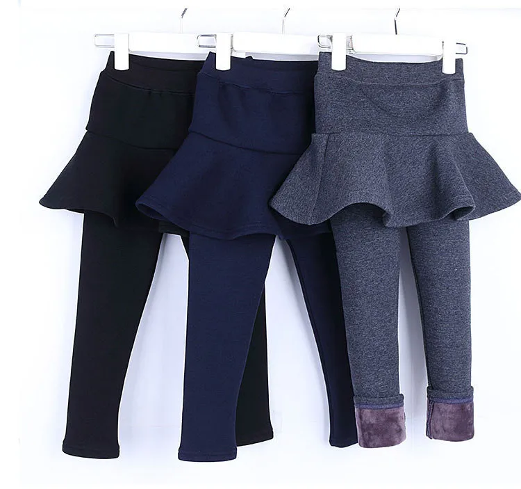 Girls Pants Warm Leggings For Girls Ruffle Pants Cotton Plus Velvet Girls Leggings Fake Two Pieces Skirt Princess Winter Solid100