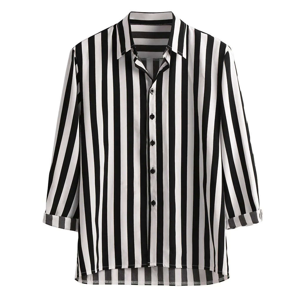 Мужская рубашка в Вертикальную Полоску, приталенная рубашка в полоску с длинным рукавом, повседневные рубашки на пуговицах, мужские рубашки, camisas hombre - Color: Black