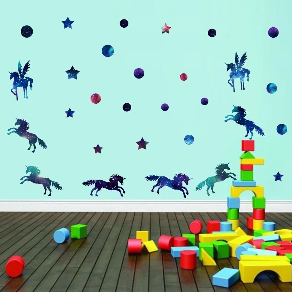 Starry Horse Unicorn Galaxy Decals Vinyl Sticker For Kids Nursery Bedroom Removable Wallpaper Home Decor Modern Wall Art Murals (2)