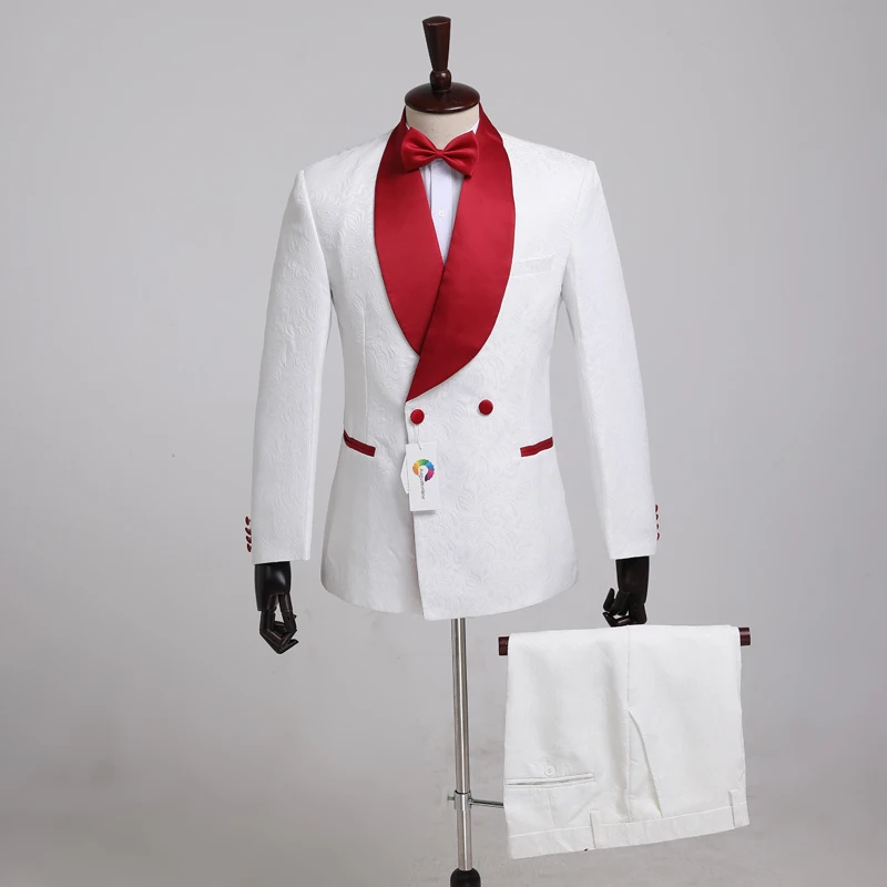 

Men Suits Floral Pattern Red Shawl Lapel Double Breasted Wedding Suits For Man Bridegroom Tailored Tuxedo Blazer Slim Fit Formal