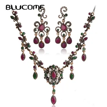 

Blucome Turkish Flower Necklace Earring Sets Red Pendants Chains Resin Choker Vintage Women Wedding African Beads Jewelry Set