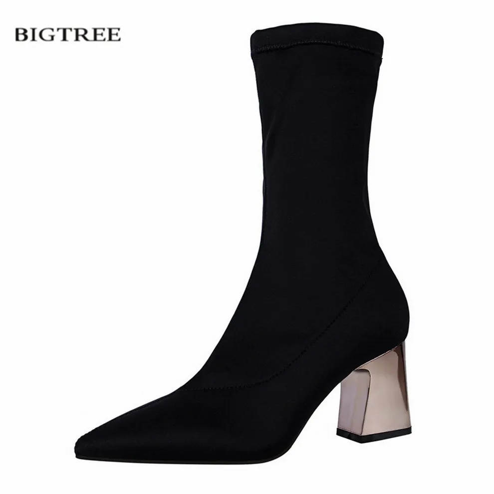 

New Autumn Women Fashion Boots Metal Thick Heeled Low Heel High Heels Elastic Pointed Sexy Middle Stretch Leica Boots G336-1