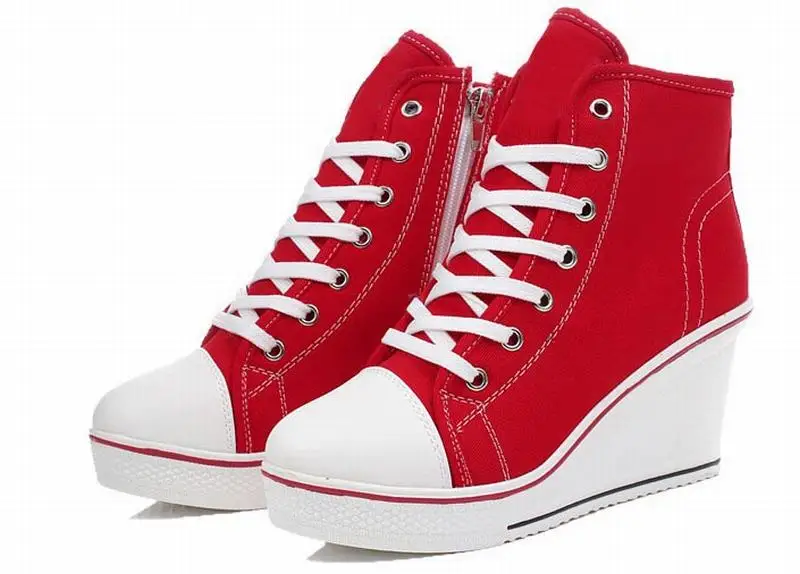 

women high top lace up canvas platform shoes zipper casual wedges heels white ladies shoes female zapatillas deportivas mujer
