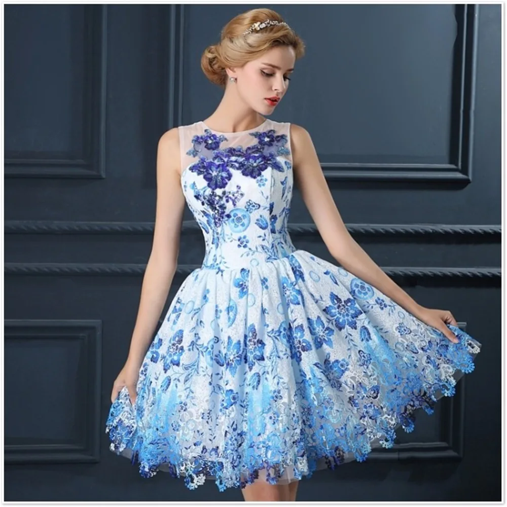 Потрясающие Короткие кружевные платья для выпускного вечера синие блестки аппликация длина колена Vestido Формальное вечернее платье vestidos Cortos De Gala