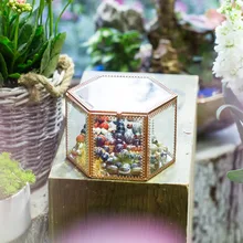 Modern Vintage Faceted Hexagonal Prism Mirrored Brass Glass Fashion Necklace Jewelry Ring Diy Display Box Desktop