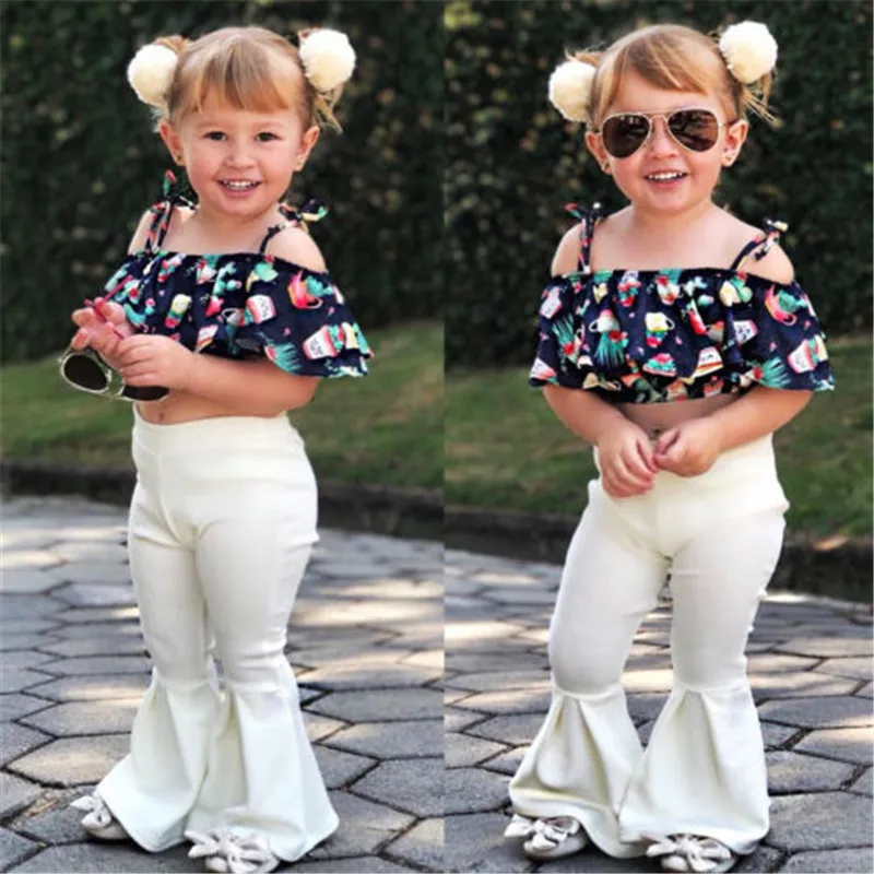 

Stylish Kids Casual Baby Girls Ruffles Off Shoulder Vest Crop Tops And Flares Pants 2pcs Outfits Children Girl Clothes Set