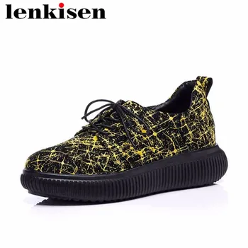 

Lenkisen hot sale lace up mixed colors med bottom natural leather shoes concise style streetwear runway women shallow pumps L16