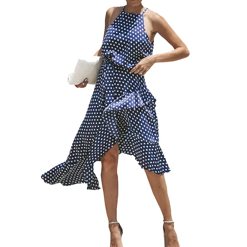 Ruffles Backless Polka dot Print Halter Dress Sleeveless Sexy Irregular Club Wear Plus Size Beach Sundress Bohemian Casual | Женская