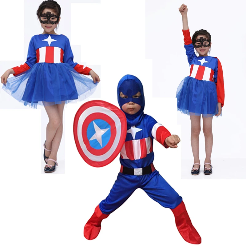 

Free shipping 2016 Halloween children's clothing for girls Captain America Suit Set Cosplay Children's Day performance clothing