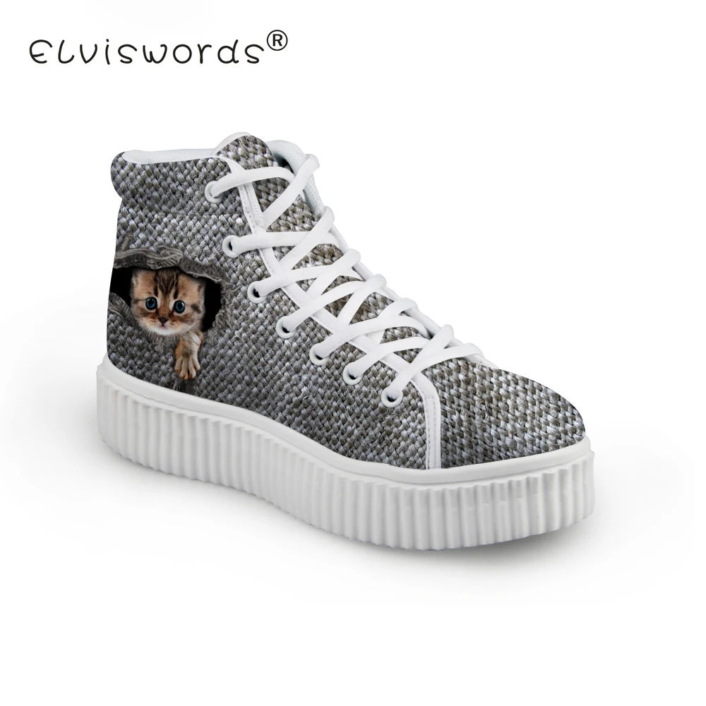 

ELVISWORDS Women's 3D Animals Prints Flat Shoes Ladies Cat Pattern High Top Lace-up Shoes for Teenagers Cute Flat Platform Shoes
