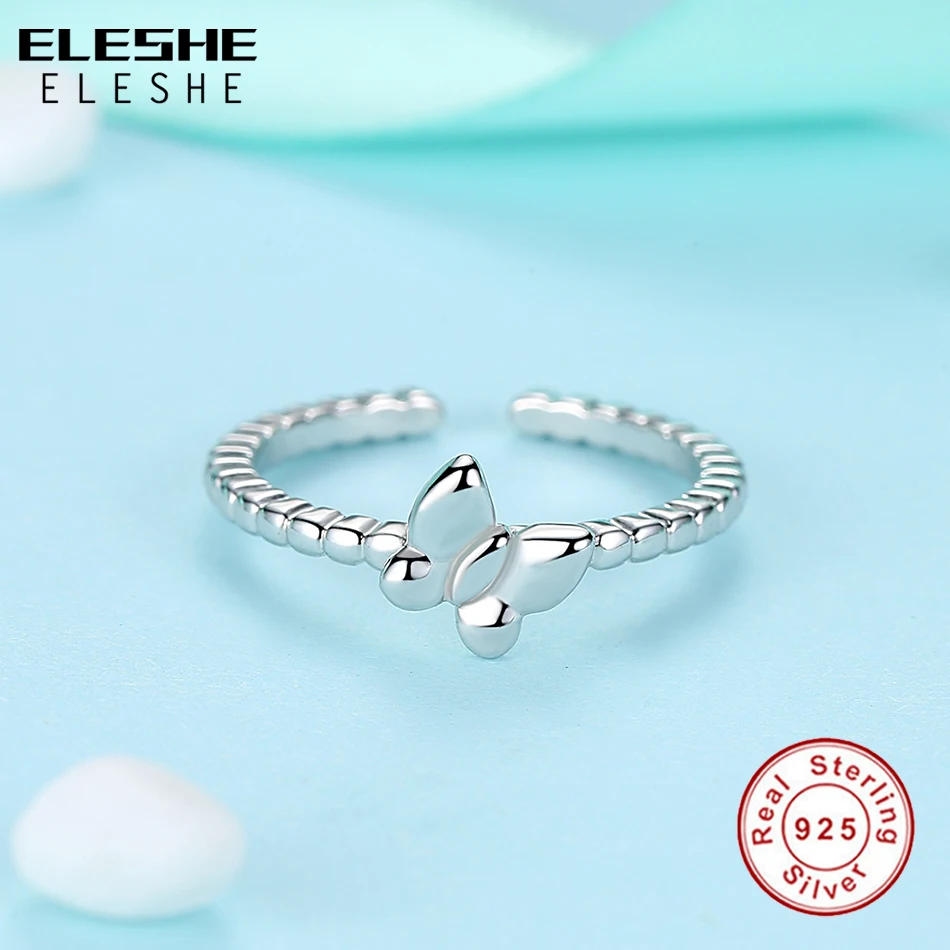 ELESHE Lovely Ladies Butterfly 925 Sterling Silver Open Rings For Women With Silver Adjustable Ring Jewelry Gifts