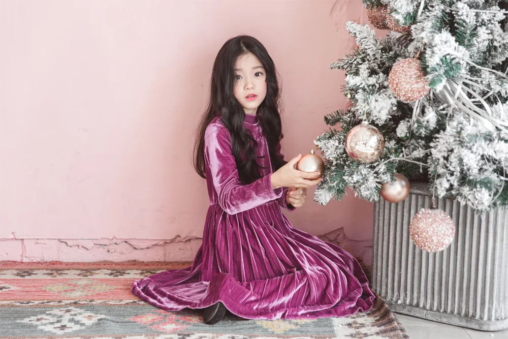 Дети Платья для девочек с длинным рукавом 2018 осень-зима большой для маленьких девочек Теплые Вельветовое платье для девочек фиолетовое