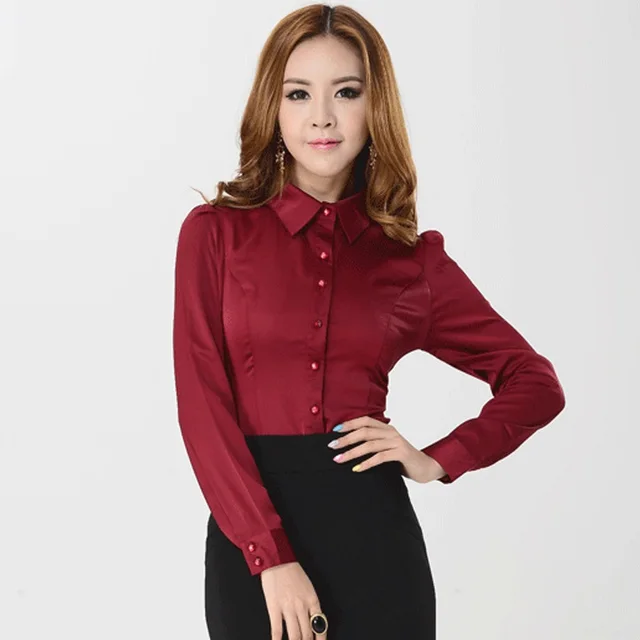 Formal Red Shirts Women Work Blouses Long Sleeve Ladies Office Uniform