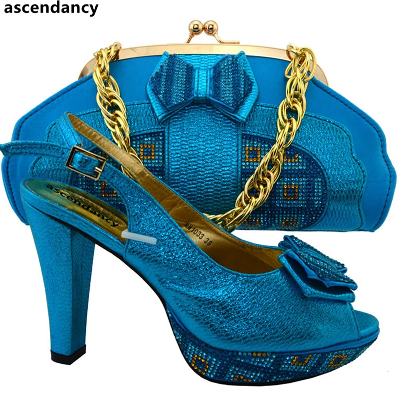 

Sky Blue Color Women Italian African Party Pumps Shoes and Bag Italian Ladies Shoes and Bags To Match Set Decorated with Stone