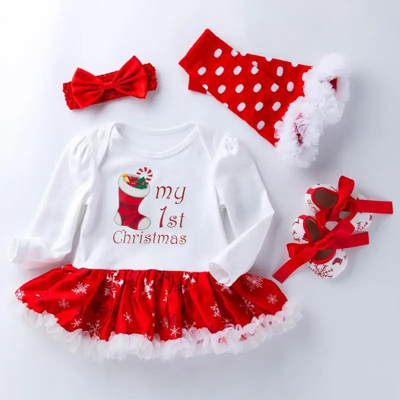 Первый комбинезон для малышей Рождественский комплект с юбкой-пачкой Одежда для новорожденных девочек нарядное платье+ повязка на голову+ обувь+ гетры, 4 предмета - Цвет: F2039-1