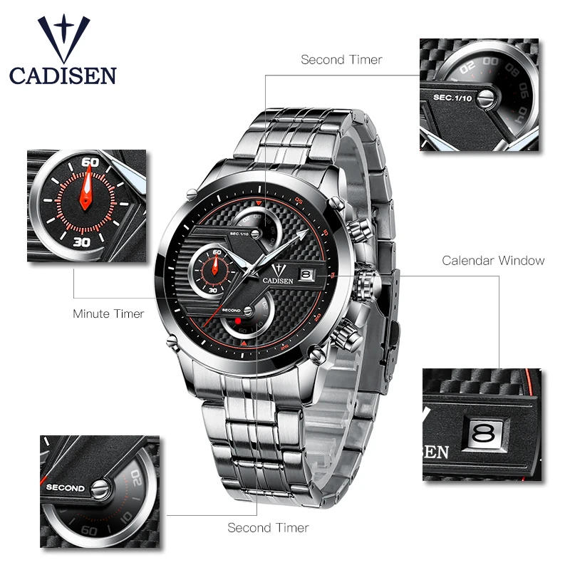 Cadisen Hot Watch Men Top Brand Luxury Sport Fashion Casual Quartz Mens Watches Stainless Steel Waterproof Mans Timer Wristwatch