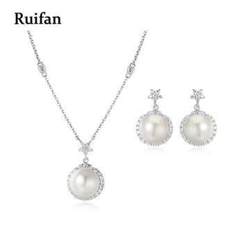 

Ruifan White Color Pearl Bridal Jewelry Sets for Women CZ 925 Sterling Silver Necklace/Earrings Jewelry Sets YEA033+YNC012