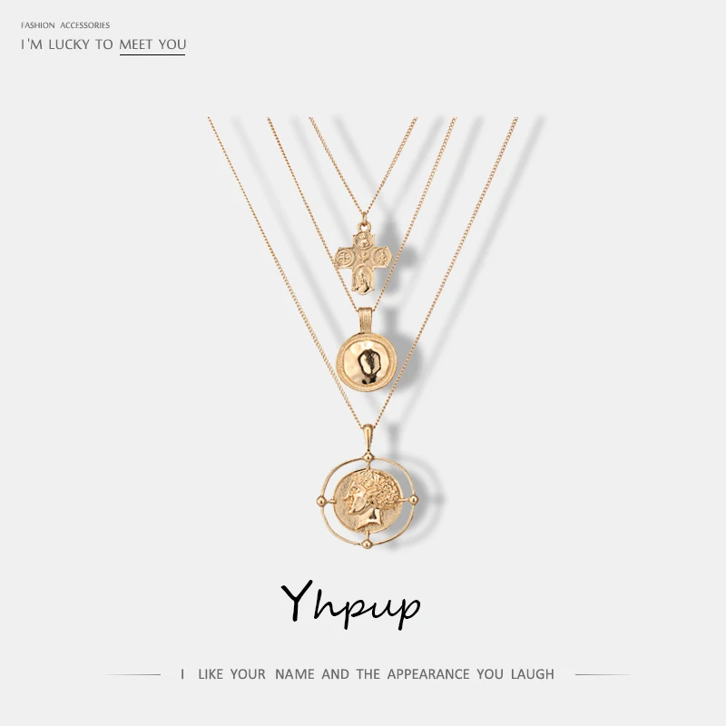 Yhpup Trendy Vintage Geometric Cross Medusa Multi-layer Necklace Portrait Gold Pendant for Women Party Jewelry New Gift | Украшения и