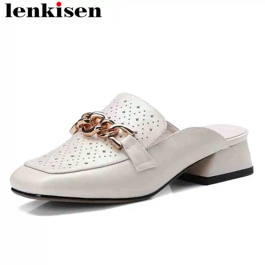 

Lenkisen slip on square toe thick low heel solid mules hole shoes shallow party breathable women metal chain leather sandals L10
