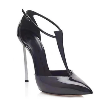 

2019 Spring Newest Poitned Toe Thin Heels Woman Shoe Black Red Patent Leather T-strap High Heels Sexy Buckle Strap Pumps