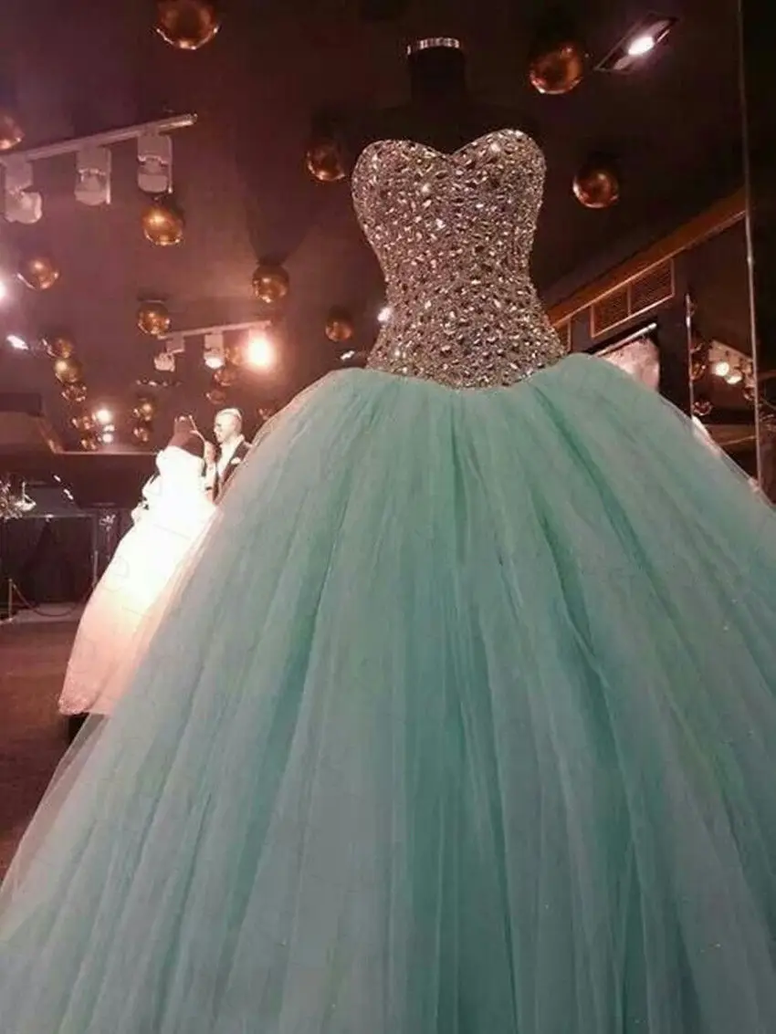 Бисера Бальное платье Quinceanera Пром Театрализованное Tull Mint Green Бисера Принцесса День Рождения Бальное платье